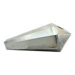 The Wyatt Gatling 2.1 Gallon Flat Prism Fuel Tank by Wyatt Gatling features a bold, faceted metallic design with sharp edges and a reflective finish, reminiscent of a striking geometric sculpture.