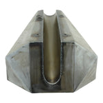 The Wyatt Gatling 2.1 Gallon Flat Prism Fuel Tank by Wyatt Gatling features a bold, faceted metallic design with sharp edges and a reflective finish, reminiscent of a striking geometric sculpture.