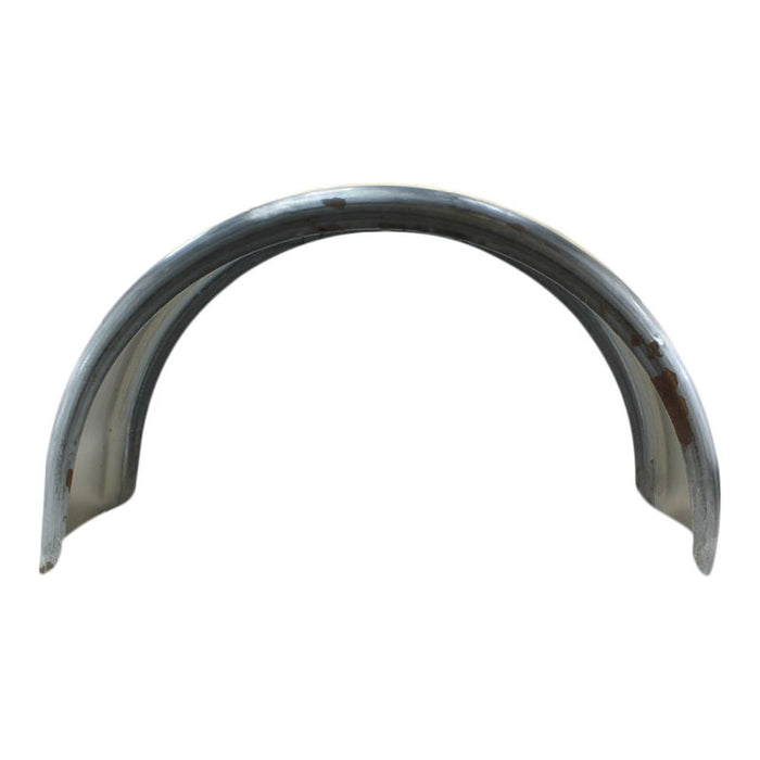 The Mid-USA 8-1/2" Wide Flat Rear Fender by Mid-USA features a bare, unfinished metal surface, slight discoloration, and a curved design—ideal as a universal wide rear fender for motorcycles with a 200mm tire.