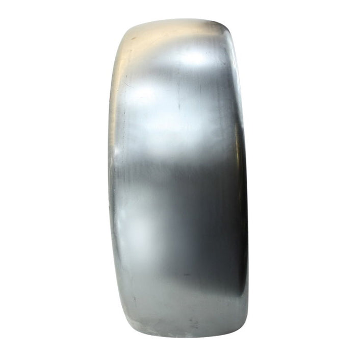The Mid-USA 8-1/2" Wide Flat Rear Fender by Mid-USA features a bare, unfinished metal surface, slight discoloration, and a curved design—ideal as a universal wide rear fender for motorcycles with a 200mm tire.