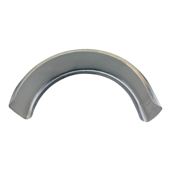 The Mid-USA 8-1/2" Wide Flat Rear Fender by Mid-USA features a bare, unfinished metal surface, slight discoloration, and a curved design—ideal as a universal wide rear fender for motorcycles with a 200mm tire.