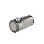 A TC Bros. 5 inch Round Chopper Oil Tank Flat Ends Universal Fit stainless steel exhaust pipe made in the USA, showcased on a white background.