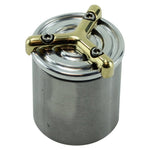 The LC Fabrications Tri Bar Gas/Oil Cap is a cylindrical metal cap with a gold-colored, three-pronged top piece, resembling an oil cap and secured by three screws.