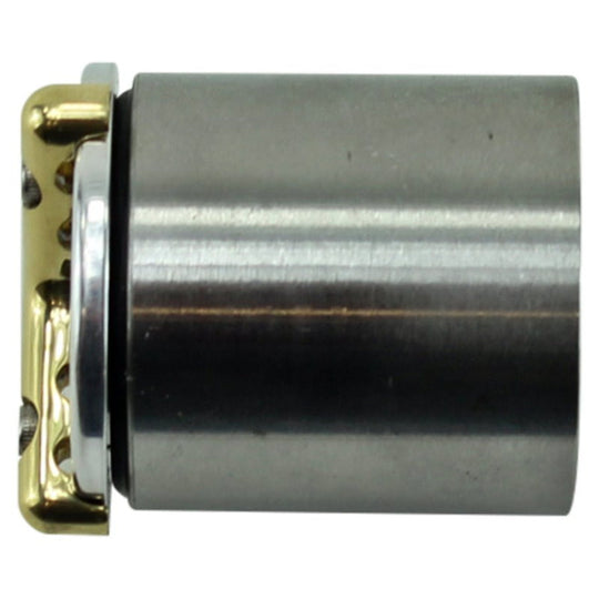 The LC Fabrications Tri Bar Gas/Oil Cap is a cylindrical metal cap with a gold-colored, three-pronged top piece, resembling an oil cap and secured by three screws.