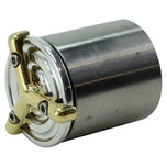 The LC Fabrications Tri Bar Gas/Oil Cap is a cylindrical metal cap with a gold-colored, three-pronged top piece, resembling an oil cap and secured by three screws.