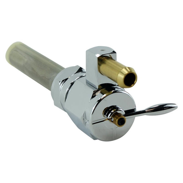 A Moto Iron® Billet petcock fuel valve 22mm straight outlet with a lever handle.