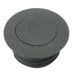 Two round flush gas caps—one matte black and one chrome—from Moto Iron®, with an inset image showing the black Pop-Up Gas Cap - Vented installed on a yellow motorcycle.