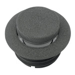 Two round flush gas caps—one matte black and one chrome—from Moto Iron®, with an inset image showing the black Pop-Up Gas Cap - Vented installed on a yellow motorcycle.