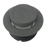 Close-up of the Pop-Up Gas Cap - Vented - Black by Moto Iron®, showcasing its round, textured billet aluminum structure with a central circular design and a vented mechanism.