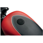 Two round flush gas caps—one matte black and one chrome—from Moto Iron®, with an inset image showing the black Pop-Up Gas Cap - Vented installed on a yellow motorcycle.