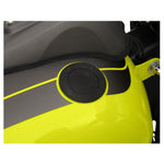 Two round flush gas caps—one matte black and one chrome—from Moto Iron®, with an inset image showing the black Pop-Up Gas Cap - Vented installed on a yellow motorcycle.