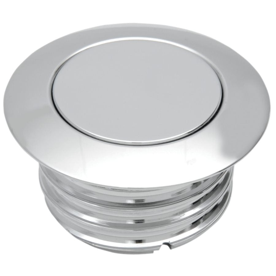 A Drag Specialties chrome round knob on a white background, featuring Billet aluminum construction.