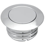 A close-up of the Moto Iron® Pop-Up Gas Cap - Vented - Chrome, featuring a circular, flat top and threaded base with a sleek, modern design.