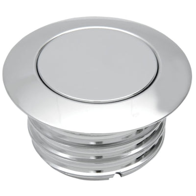 A Drag Specialties chrome round knob on a white background, featuring Billet aluminum construction.