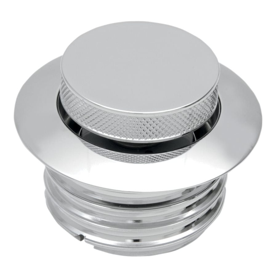 An image of a Drag Specialties Pop-Up Gas Cap - Vented - Chrome with OEM-style gasket on a white background.