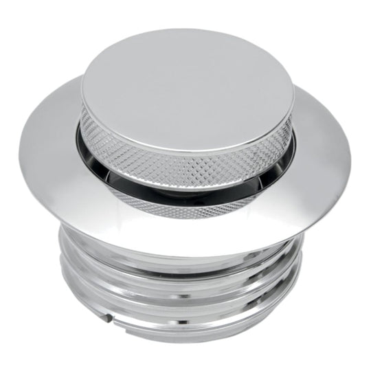 A close-up of the Moto Iron® Pop-Up Gas Cap - Vented - Chrome, featuring a circular, flat top and threaded base with a sleek, modern design.