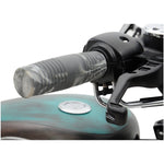 Two round flush gas caps—one matte black and one chrome—from Moto Iron®, with an inset image showing the black Pop-Up Gas Cap - Vented installed on a yellow motorcycle.