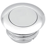 Two round flush gas caps—one matte black and one chrome—from Moto Iron®, with an inset image showing the black Pop-Up Gas Cap - Vented installed on a yellow motorcycle.