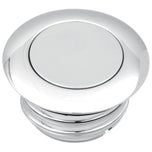 A close-up of the Moto Iron® Pop-Up Gas Cap - Vented - Chrome, featuring a circular, flat top and threaded base with a sleek, modern design.