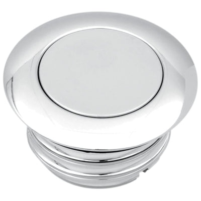 A Drag Specialties Pop-Up Gas Cap - Vented - Chrome, made of chrome, on a white background, featuring OEM-style gasket for Harley Models.