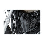 A Kuryakyn Clinger Fuel Bottle Holder in black, featuring MOLLE compatibility, adjustable straps, and a snap cap, secures a black water bottle.
