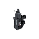 A Kuryakyn Clinger Fuel Bottle Holder in black, featuring MOLLE compatibility, adjustable straps, and a snap cap, secures a black water bottle.