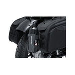 A Kuryakyn Clinger Fuel Bottle Holder in black, featuring MOLLE compatibility, adjustable straps, and a snap cap, secures a black water bottle.