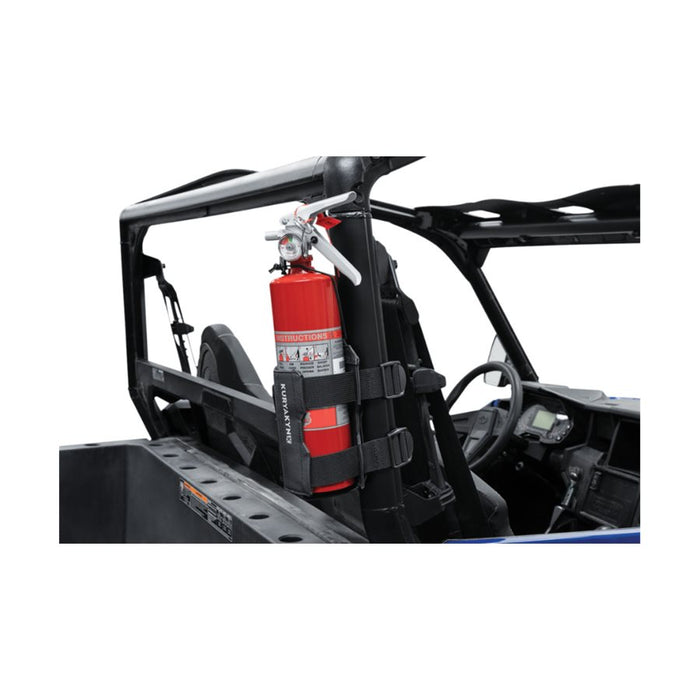 A Clinger Fuel Bottle Holder in the seat of a UTV. (Brand Name: KURYAKYN)