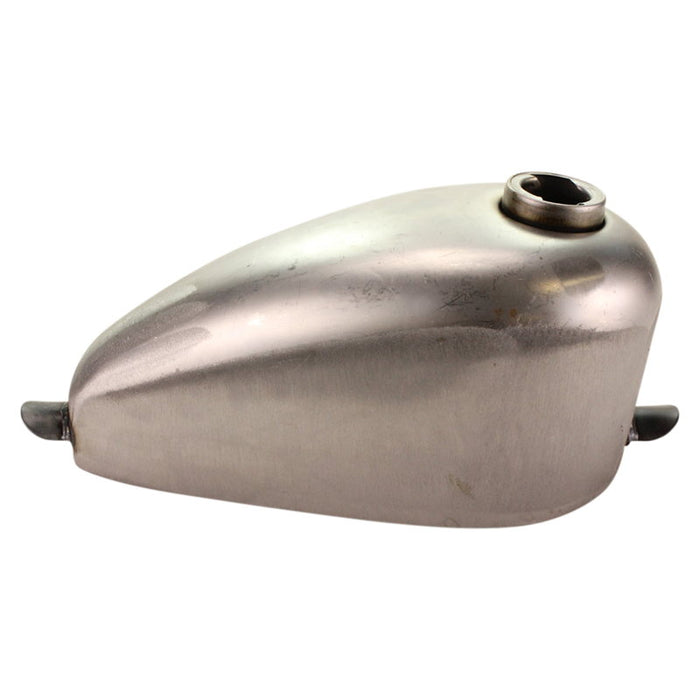 The Moto Iron® 1.3 Gallon Mini Frisco-Style Fuel Tank features a metallic teardrop shape, visible top opening, and mounting tabs—ideal as a classic chopper fuel tank or Harley-Davidson upgrade.