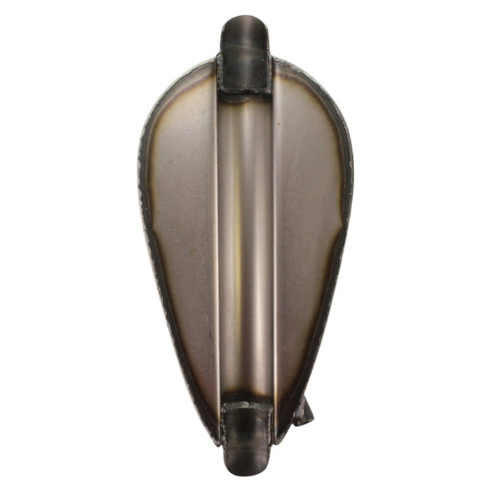 The Moto Iron® 1.3 Gallon Mini Frisco-Style Fuel Tank features a metallic teardrop shape, visible top opening, and mounting tabs—ideal as a classic chopper fuel tank or Harley-Davidson upgrade.