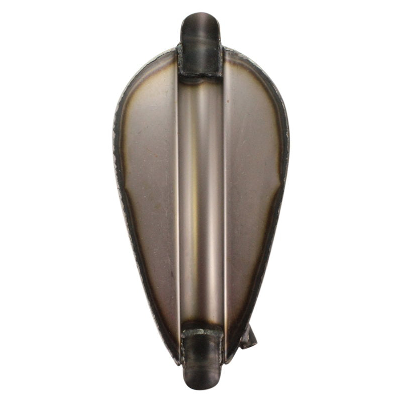 The Moto Iron® 1.3 Gallon Mini Frisco-Style Fuel Tank features a metallic teardrop shape, visible top opening, and mounting tabs—ideal as a classic chopper fuel tank or Harley-Davidson upgrade.