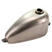 The Moto Iron® 1.3 Gallon Mini Frisco-Style Fuel Tank features a metallic teardrop shape, visible top opening, and mounting tabs—ideal as a classic chopper fuel tank or Harley-Davidson upgrade.