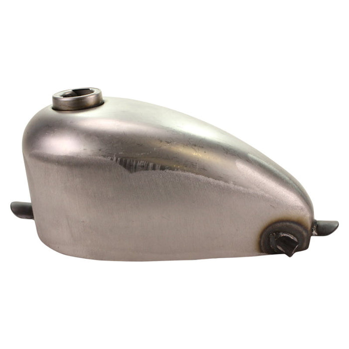 The Moto Iron® 1.3 Gallon Mini Frisco-Style Fuel Tank features a metallic teardrop shape, visible top opening, and mounting tabs—ideal as a classic chopper fuel tank or Harley-Davidson upgrade.