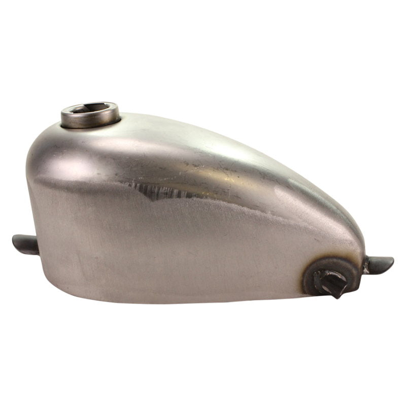 The Moto Iron® 1.3 Gallon Mini Frisco-Style Fuel Tank features a metallic teardrop shape, visible top opening, and mounting tabs—ideal as a classic chopper fuel tank or Harley-Davidson upgrade.