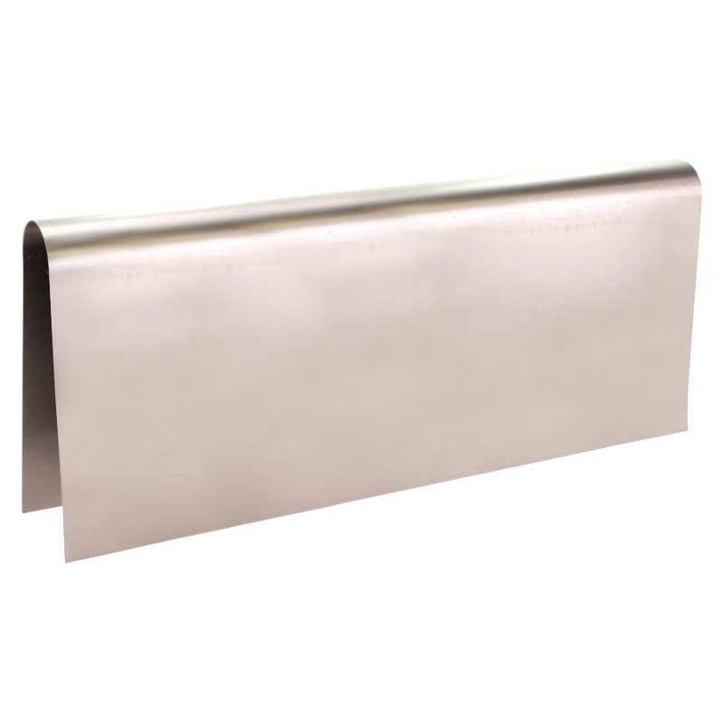 The TC Bros. DIY Builder Fuel Tank Tunnel, by TC Bros., is a smooth, reflective metal sheet bent lengthwise and upright, perfect for custom motorcycle projects.