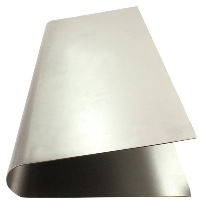The TC Bros. DIY Builder Fuel Tank Tunnel, by TC Bros., is a smooth, reflective metal sheet bent lengthwise and upright, perfect for custom motorcycle projects.