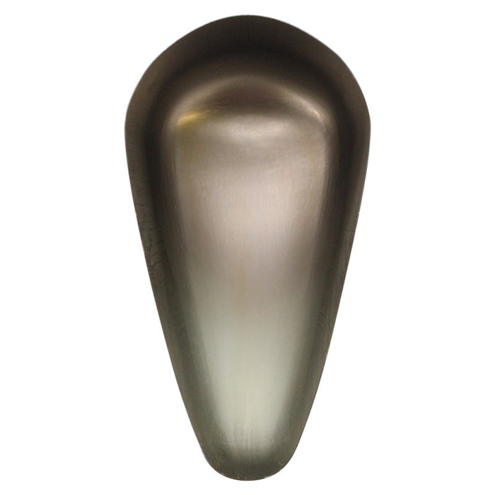 The TC Bros. DIY Builder Narrow Sportster Gas Tank Shell is a smooth, metallic, teardrop-shaped tank from TC Bros., featuring a reflective surface with some visible smudges.
