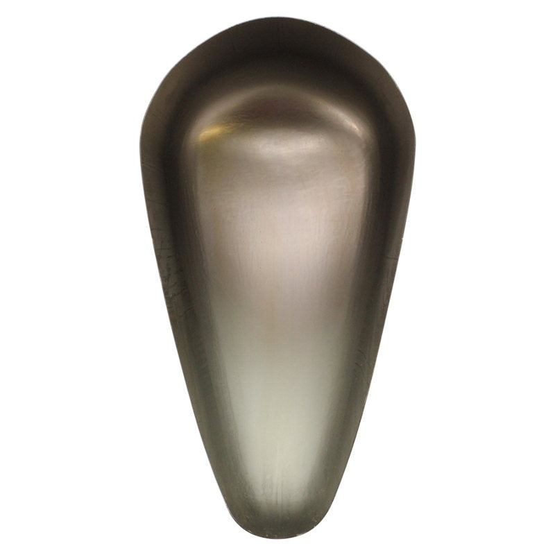 The TC Bros. DIY Builder Narrow Sportster Gas Tank Shell is a smooth, metallic, teardrop-shaped tank from TC Bros., featuring a reflective surface with some visible smudges.