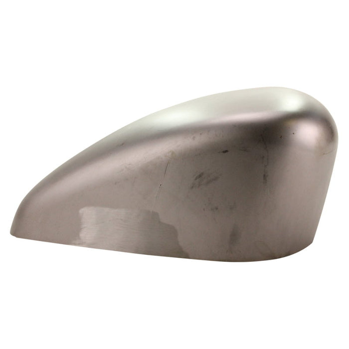 The TC Bros. DIY Builder Narrow Sportster Gas Tank Shell is a smooth, metallic, teardrop-shaped tank from TC Bros., featuring a reflective surface with some visible smudges.