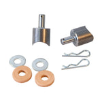 The TC Bros. Weld-On Solo Seat Spring Mounts by TC Bros. include two metal pins, two washers, two rubber washers, and two R-clips—perfect for solo seat installations—shown on a white background.