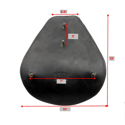 A diagram showing the measurements of a Rich Phillips Leather Black Leather Thin High Back Solo Seat for bobbers and choppers.