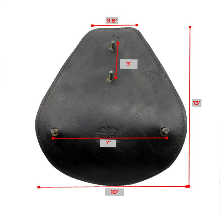 A diagram showing the measurements of a Rich Phillips Leather Brown Leather Thin High Back Solo Seat for choppers and bobbers.