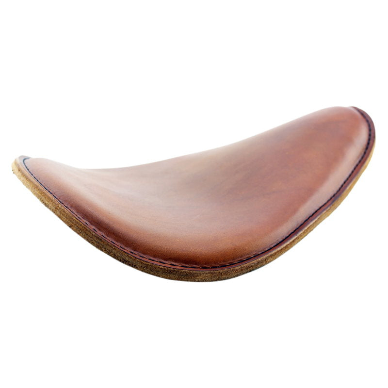 A Rich Phillips Leather Brown Leather Thin High Back Solo Seat on a white background, perfect for choppers and bobbers.