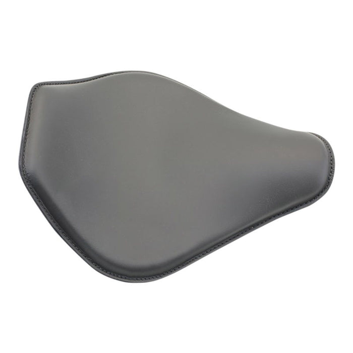 Side view of the Snub Nose Leather High Back Solo Seat (Black) from Wyatt Gatling, boasting a curved design and a mounting bolt at the bottom, reminiscent of the sleek contours found on Choppers and Bobbers.