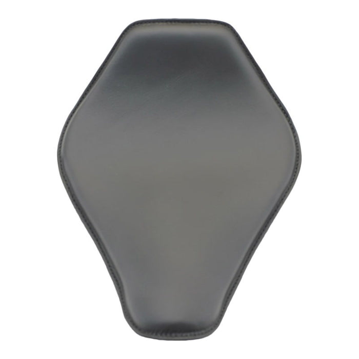 Side view of the Snub Nose Leather High Back Solo Seat (Black) from Wyatt Gatling, boasting a curved design and a mounting bolt at the bottom, reminiscent of the sleek contours found on Choppers and Bobbers.