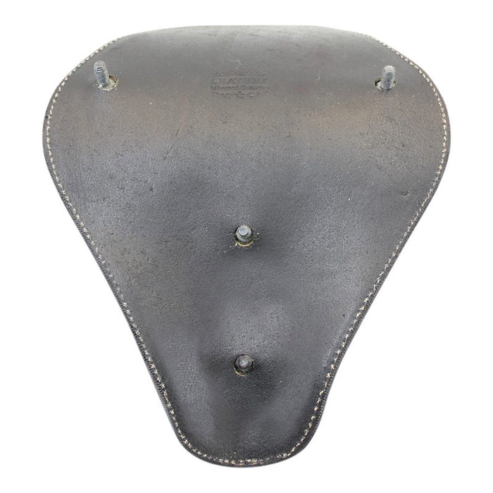 Side view of the Snub Nose Leather High Back Solo Seat (Black) from Wyatt Gatling, boasting a curved design and a mounting bolt at the bottom, reminiscent of the sleek contours found on Choppers and Bobbers.