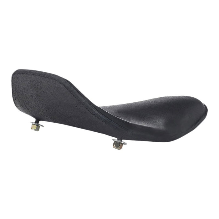 Side view of the Snub Nose Leather High Back Solo Seat (Black) from Wyatt Gatling, boasting a curved design and a mounting bolt at the bottom, reminiscent of the sleek contours found on Choppers and Bobbers.