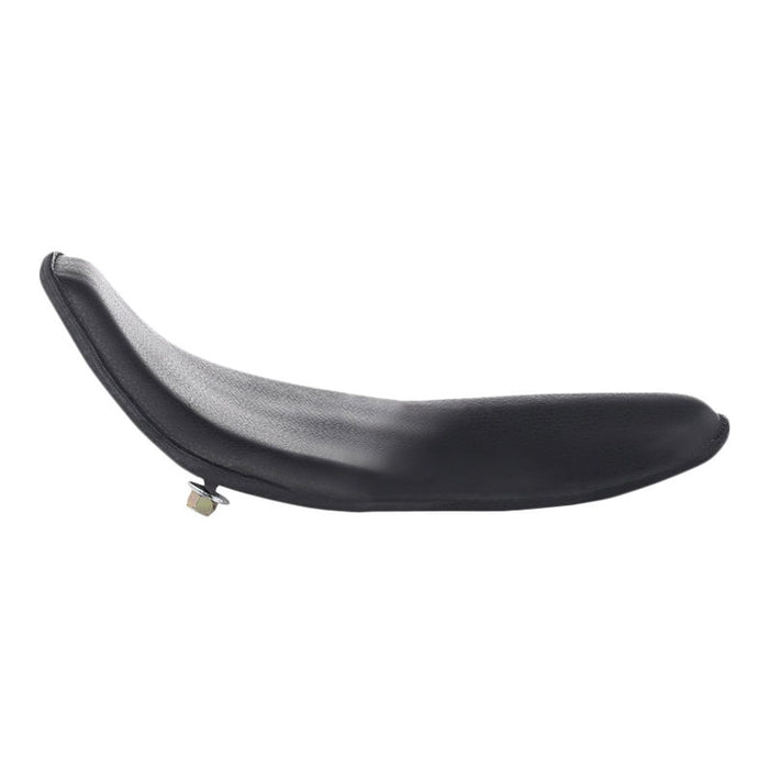 Side view of the Snub Nose Leather High Back Solo Seat (Black) from Wyatt Gatling, boasting a curved design and a mounting bolt at the bottom, reminiscent of the sleek contours found on Choppers and Bobbers.