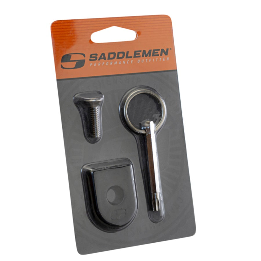 A black metal Saddlemen ATAB Security Seat Screw, a key ring with a Torx driver, and a matching Torx security screw—components of an anti-theft seat kit for 1997-up Harley-Davidson motorcycles—are displayed on a white background. This locking fastener is designed by Saddlemen to enhance seat security on your Harley-Davidson.