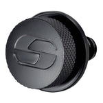 Black metal cap with a knurled edge and an engraved “S” logo on the flat surface, designed as the Saddlemen Seat Screw for 1997-Up Harley-Davidson motorcycles by Saddlemen, photographed against a white background.